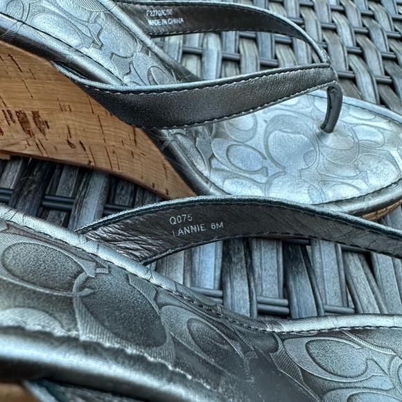 Coach Lannie Metallic Calf Leather Cork Wedge Sandals - Pewter - Picture 12 of 14